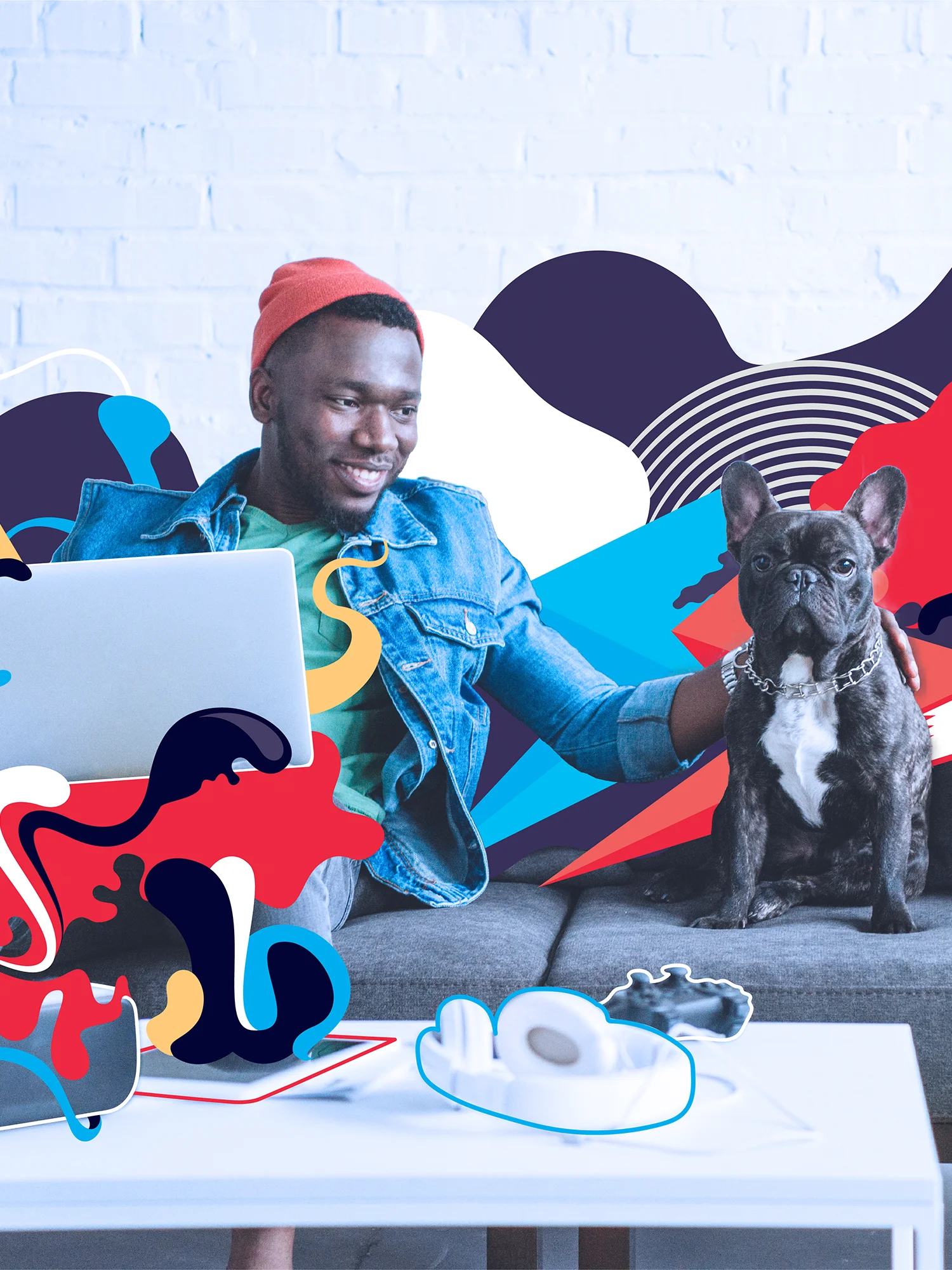 Man sitting on a couch with his dog using devices and illustrative graphics around them